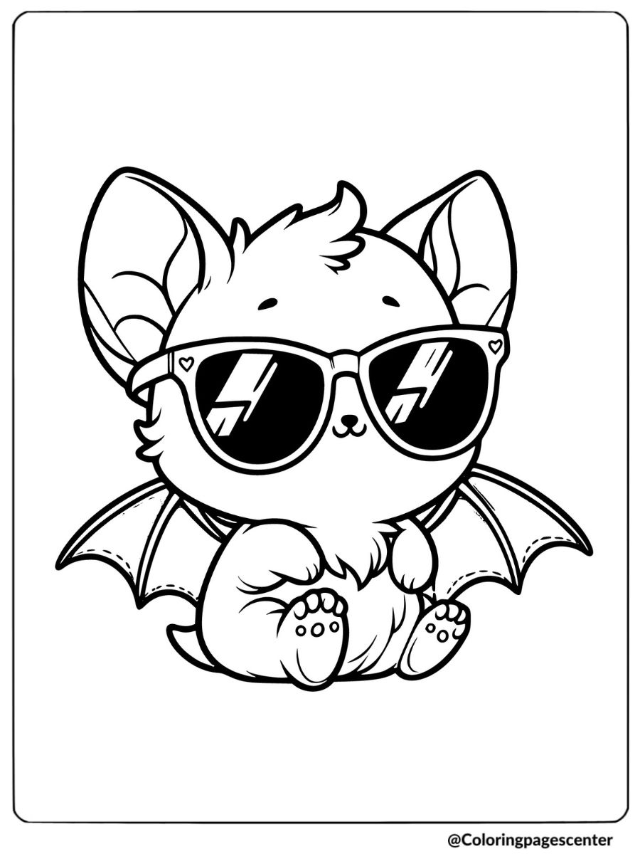 Cool kawaii bat wearing sunglasses coloring page for kids