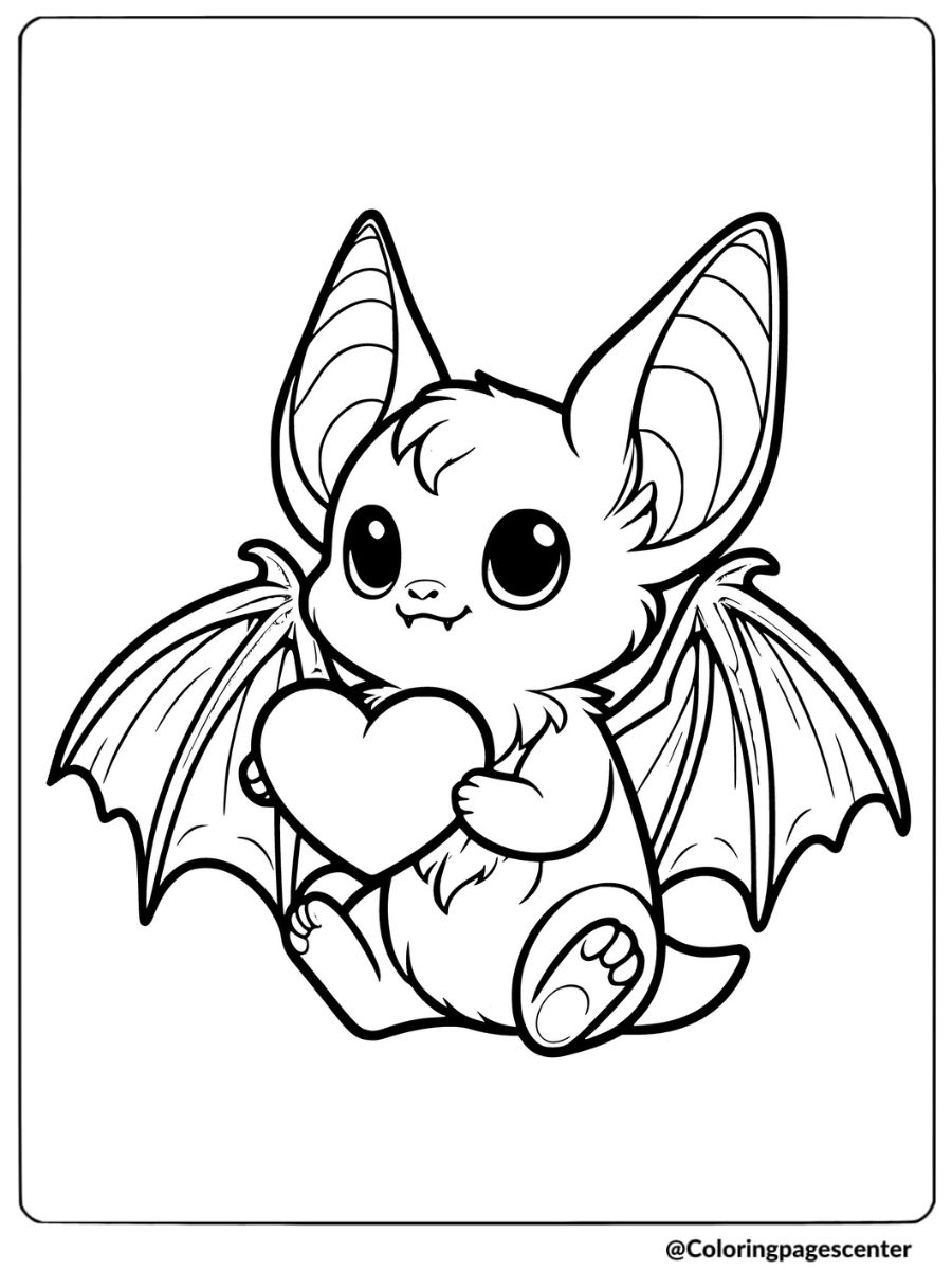 Kawaii bat holding a heart coloring page for kids