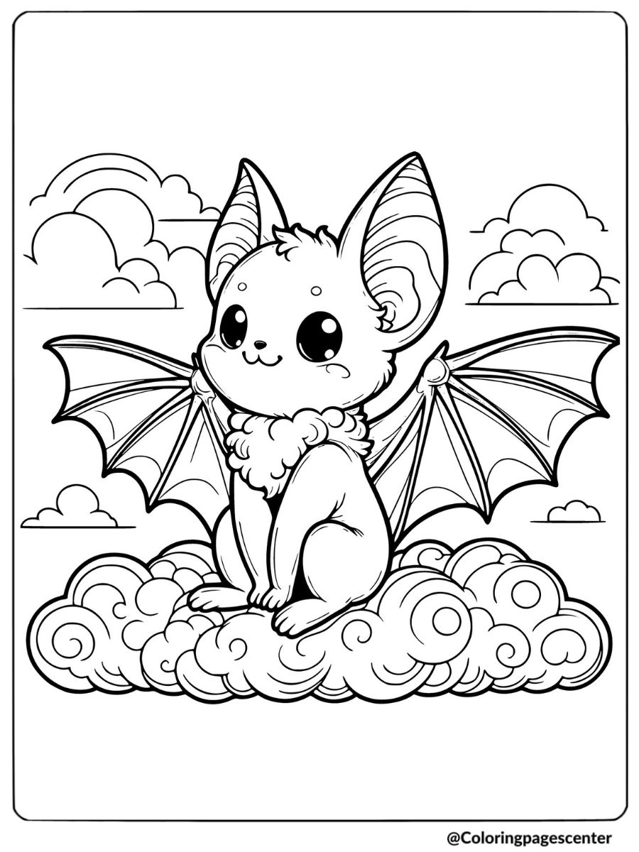 Kawaii bat sitting on clouds coloring page