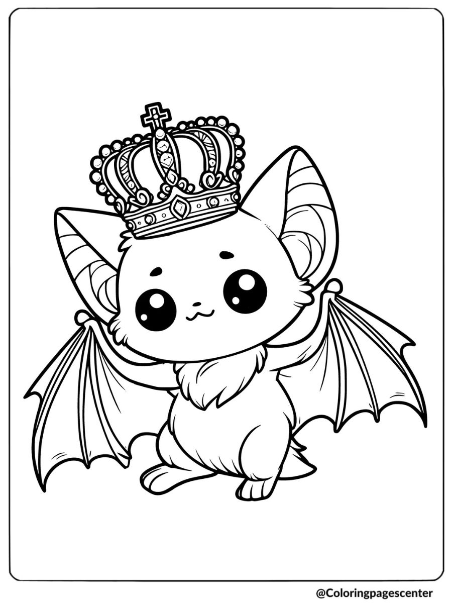 Kawaii bat with a crown coloring page