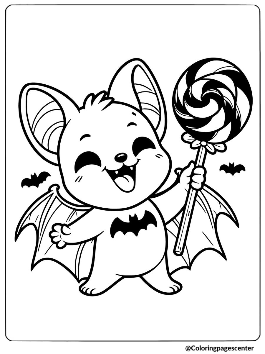 Kawaii bat holding a lollipop coloring page