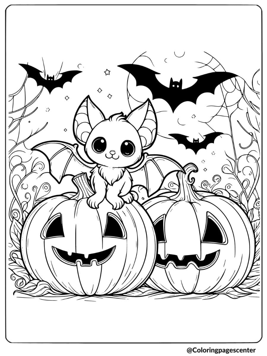 Cute bat with Halloween pumpkins coloring page