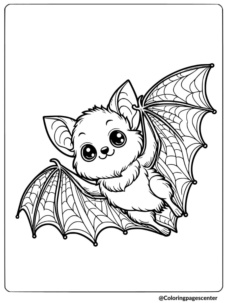 Flying kawaii bat with wings spread coloring page