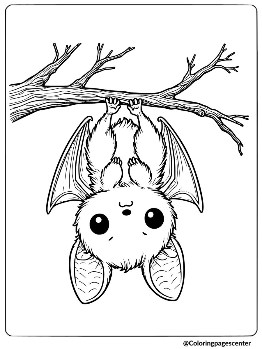 Cute bat hanging on a tree branch coloring page