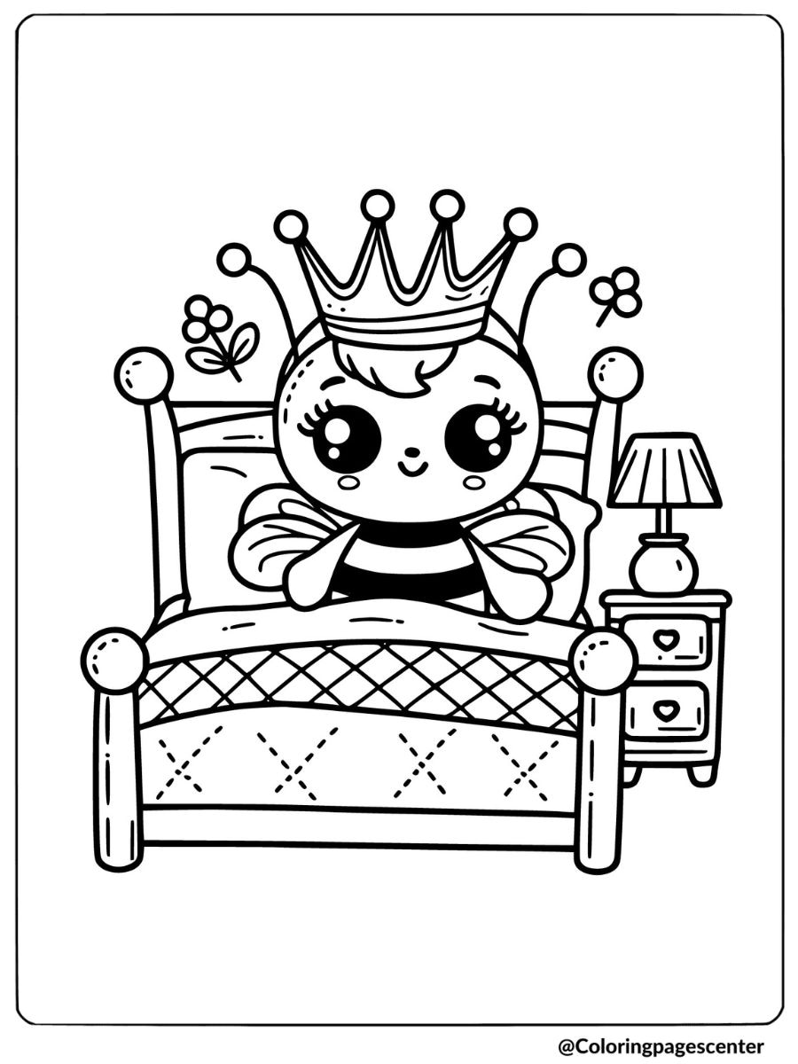 Cute bee with crown resting on bed coloring page