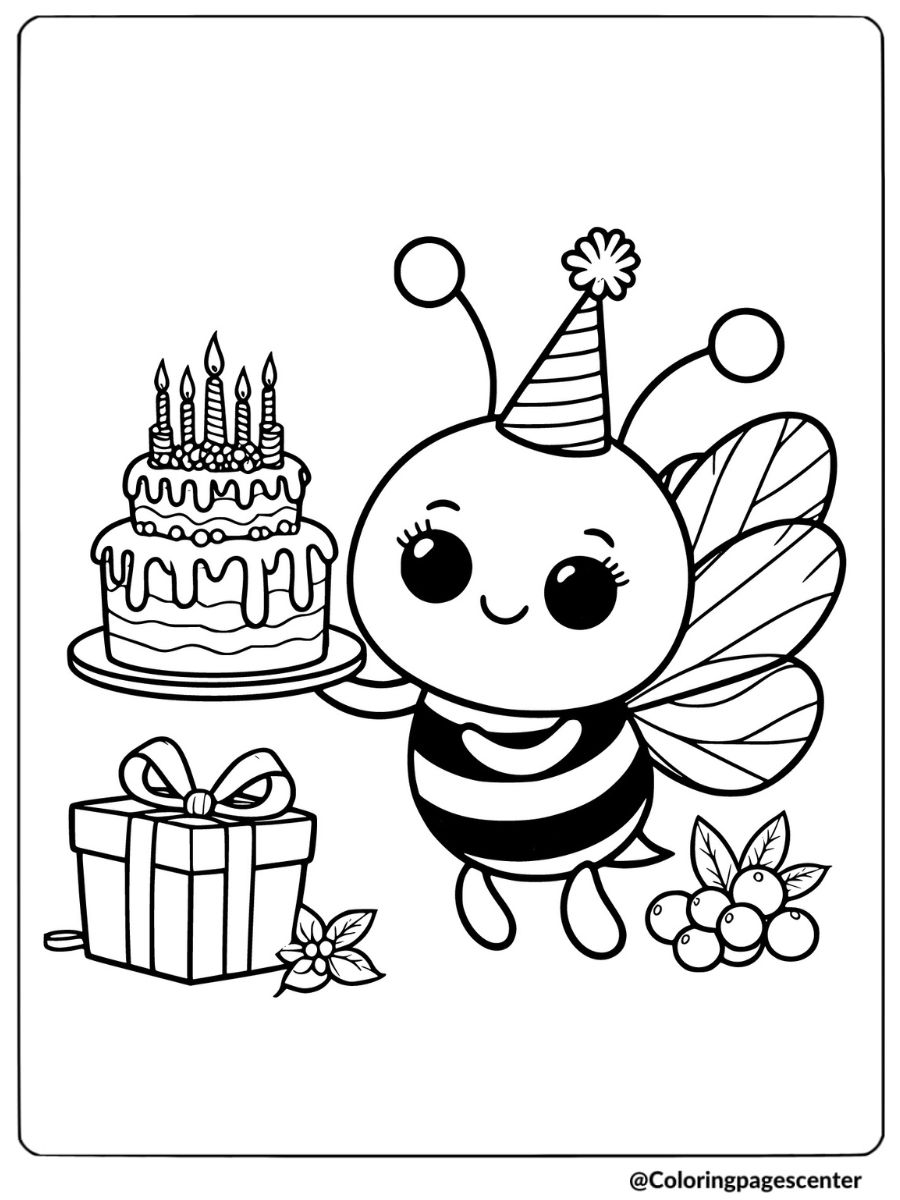 Cute bee celebrating birthday with cake coloring page