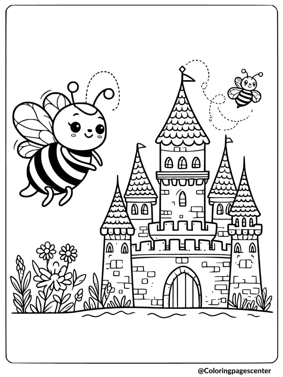 Cute bee buzzing near a castle coloring page