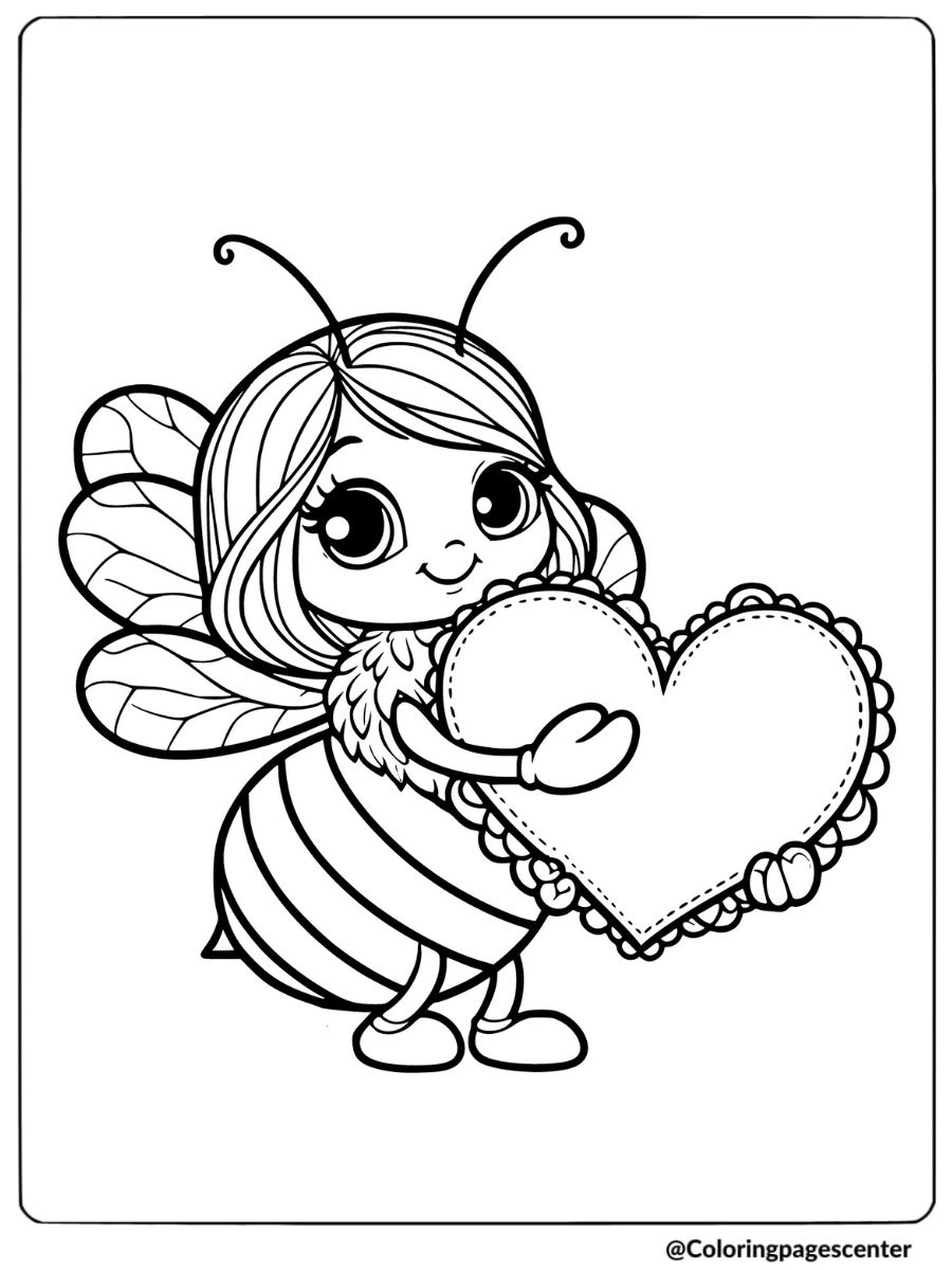 Cute bee presenting heart shape coloring page