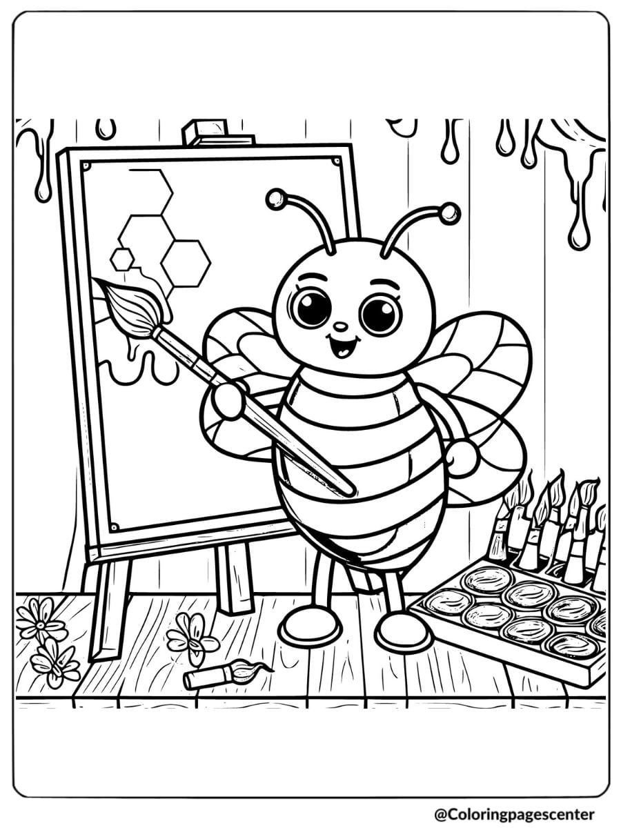 Cute bee painting at easel coloring page