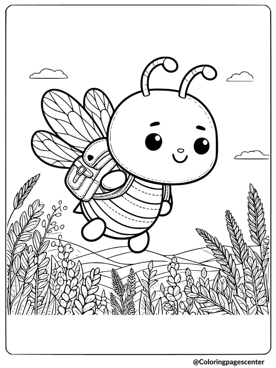 Cute bee with backpack exploring field coloring page