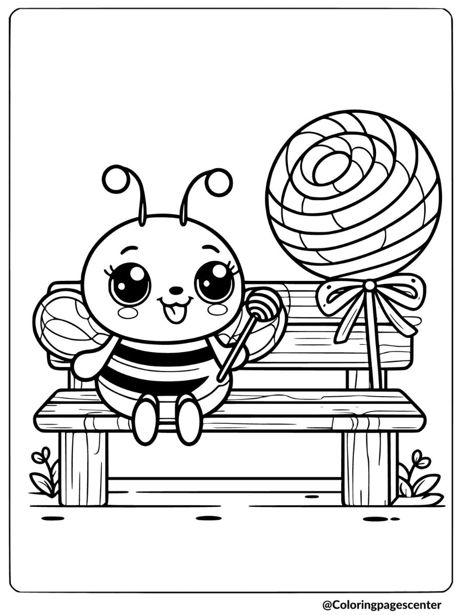 Cute bee enjoying lollipop on bench coloring page