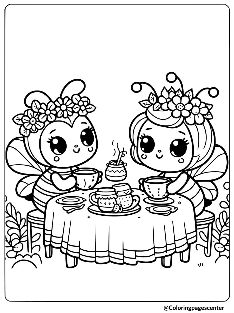 Two cute bees having tea time coloring page