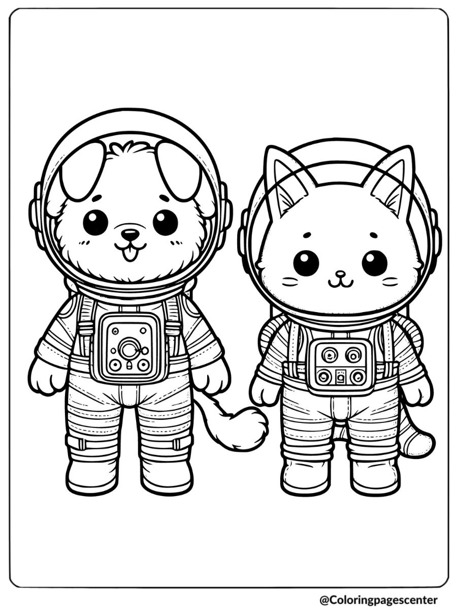 A cute cat and dog in astronaut suits coloring page