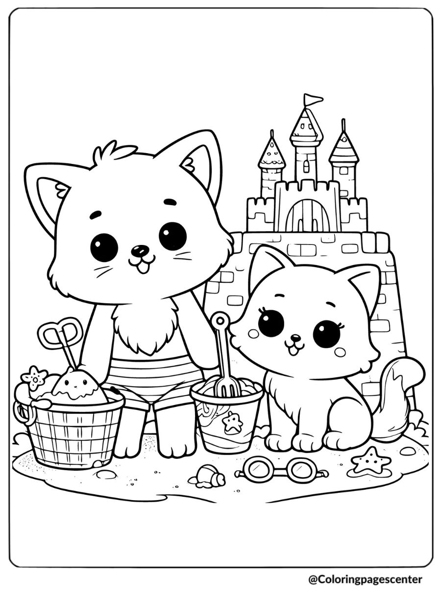 A cute cat and dog building sandcastles at the beach coloring page