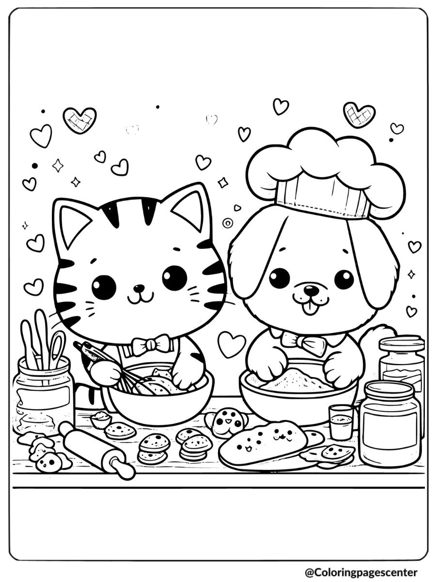 A cat and dog making cookies in a kitchen coloring page