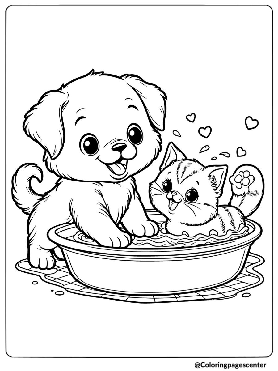 A happy cat and dog playing together in a bathtub coloring page