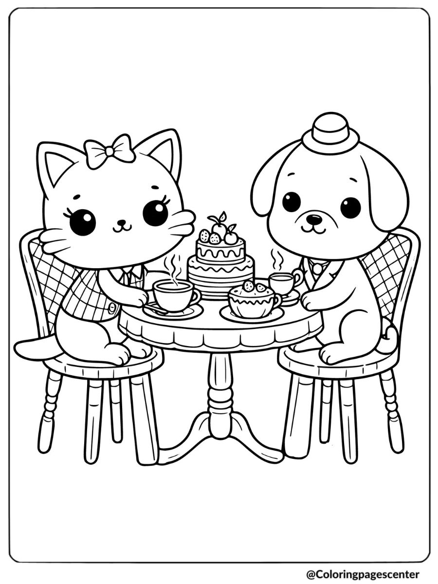 A cat and dog enjoying tea together at a table coloring page