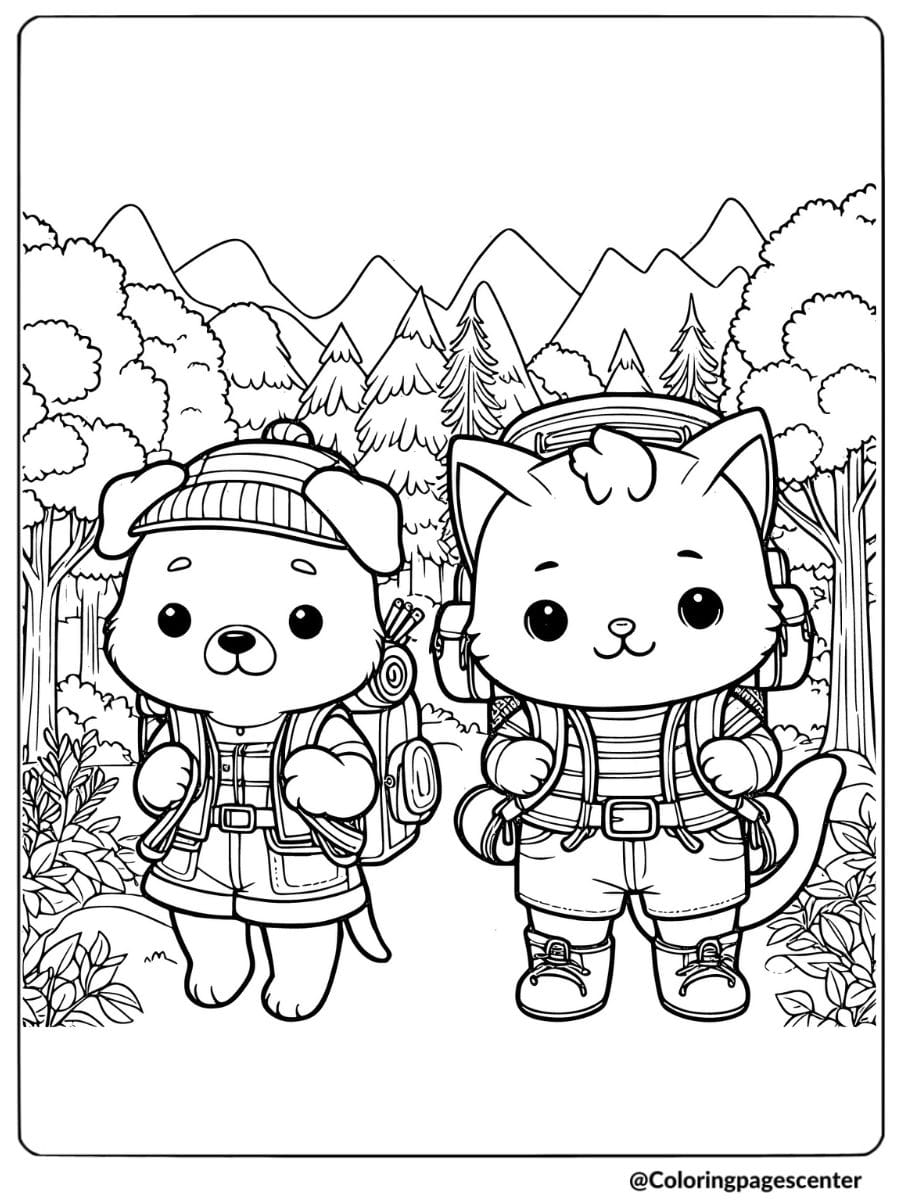 A cute cat and dog wearing backpacks hiking coloring page