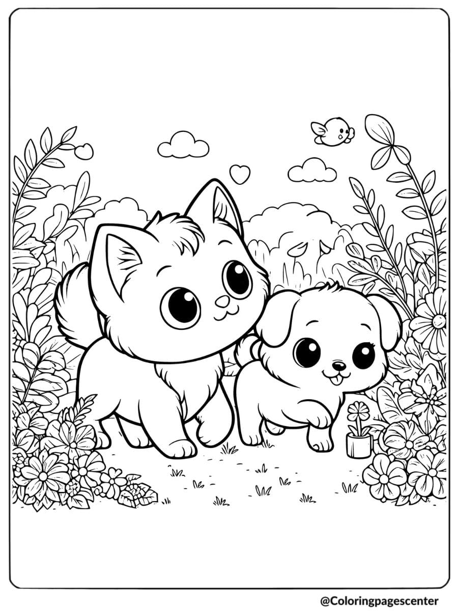 A cute cat and dog running in a garden coloring page