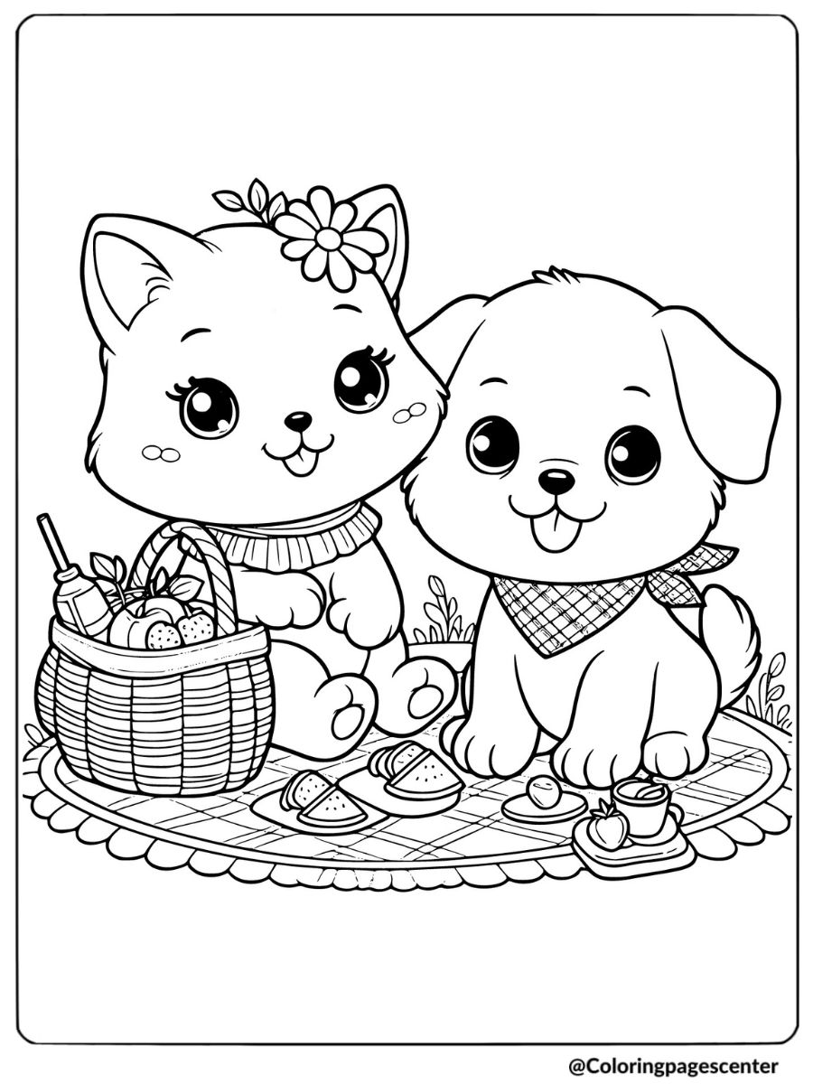 A cat and dog enjoying a picnic with snacks coloring page