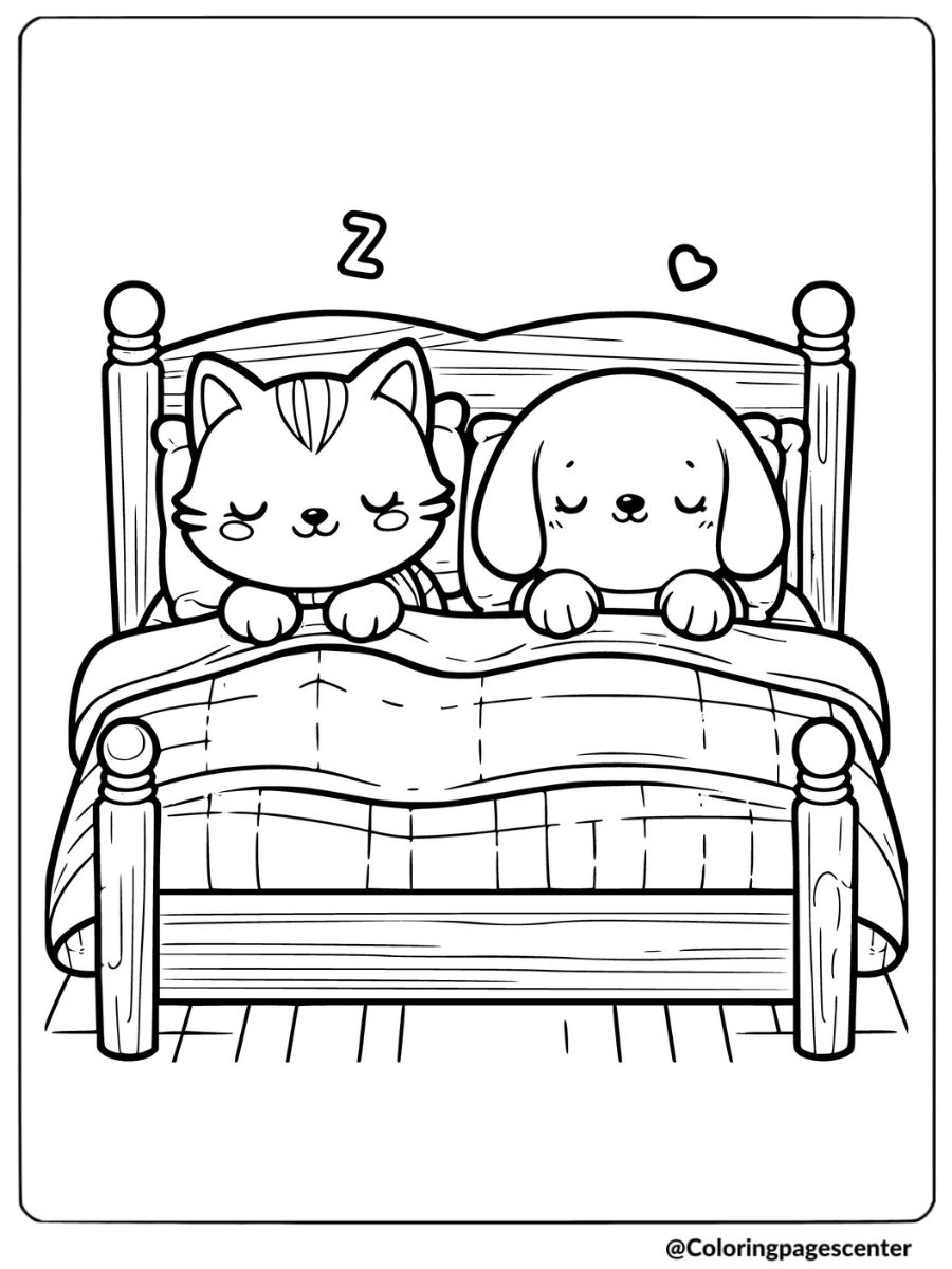 A cute cat and dog sleeping in a bed coloring page