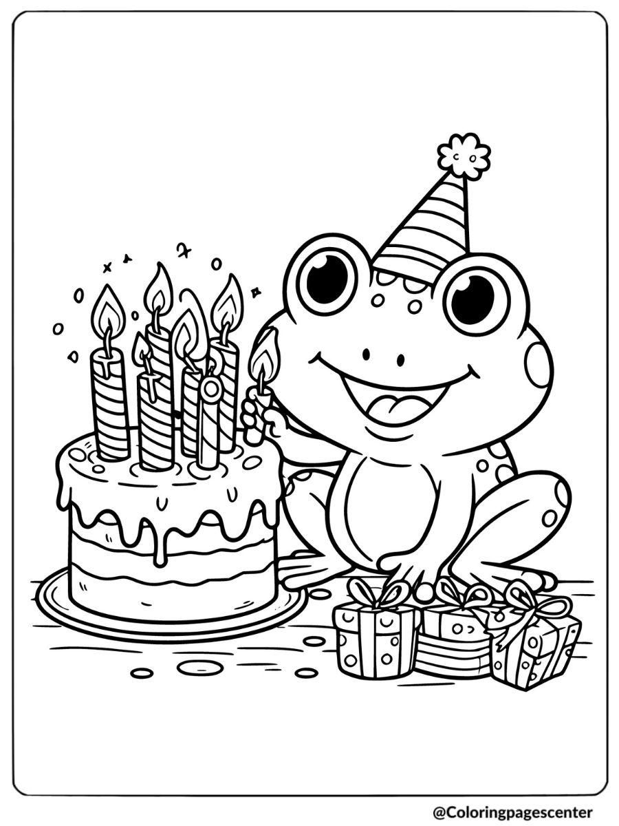 Cute frog celebrating birthday with cake coloring page