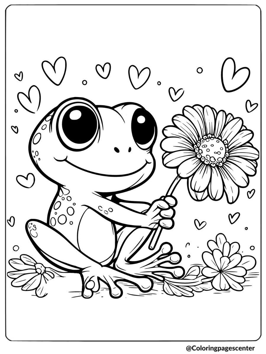 Kawaii frog holding a big flower coloring page