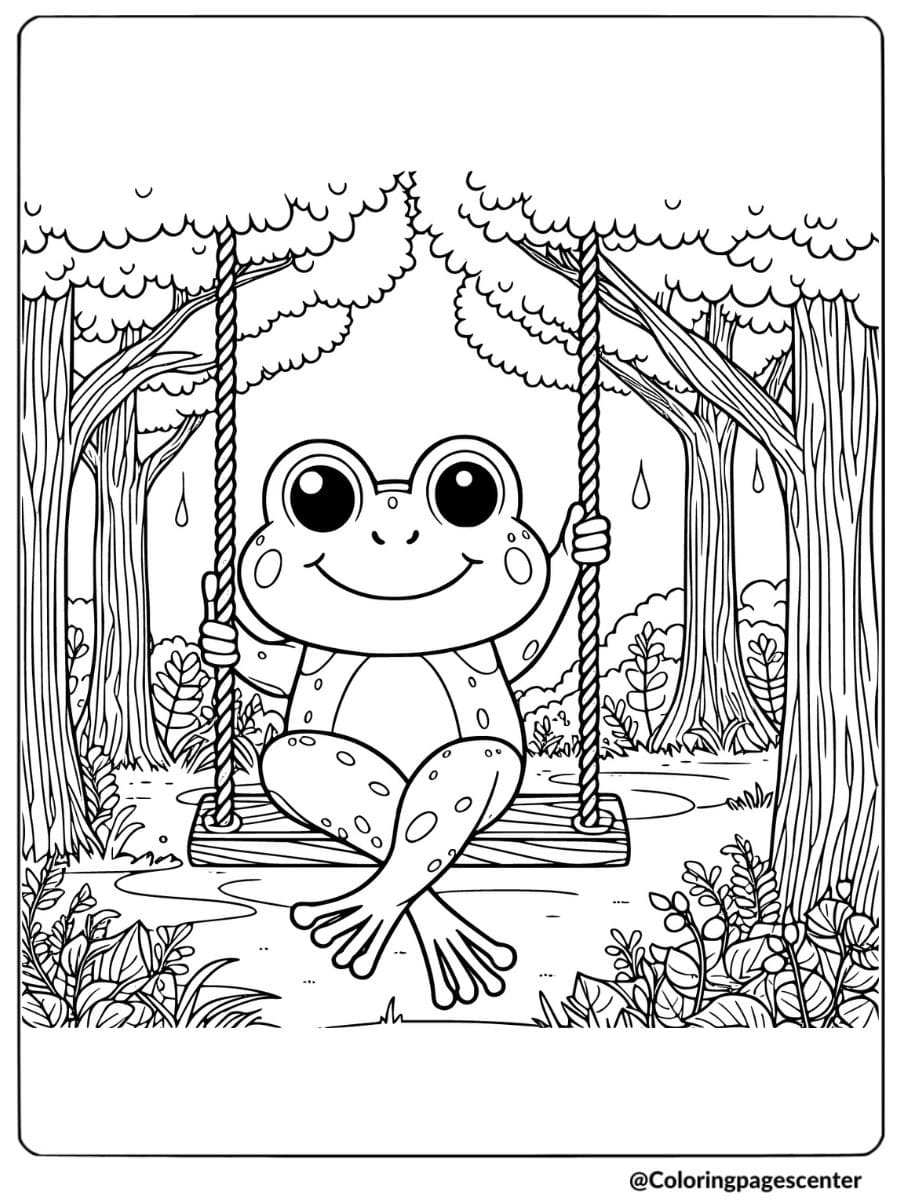 Kawaii frog swinging in forest coloring page