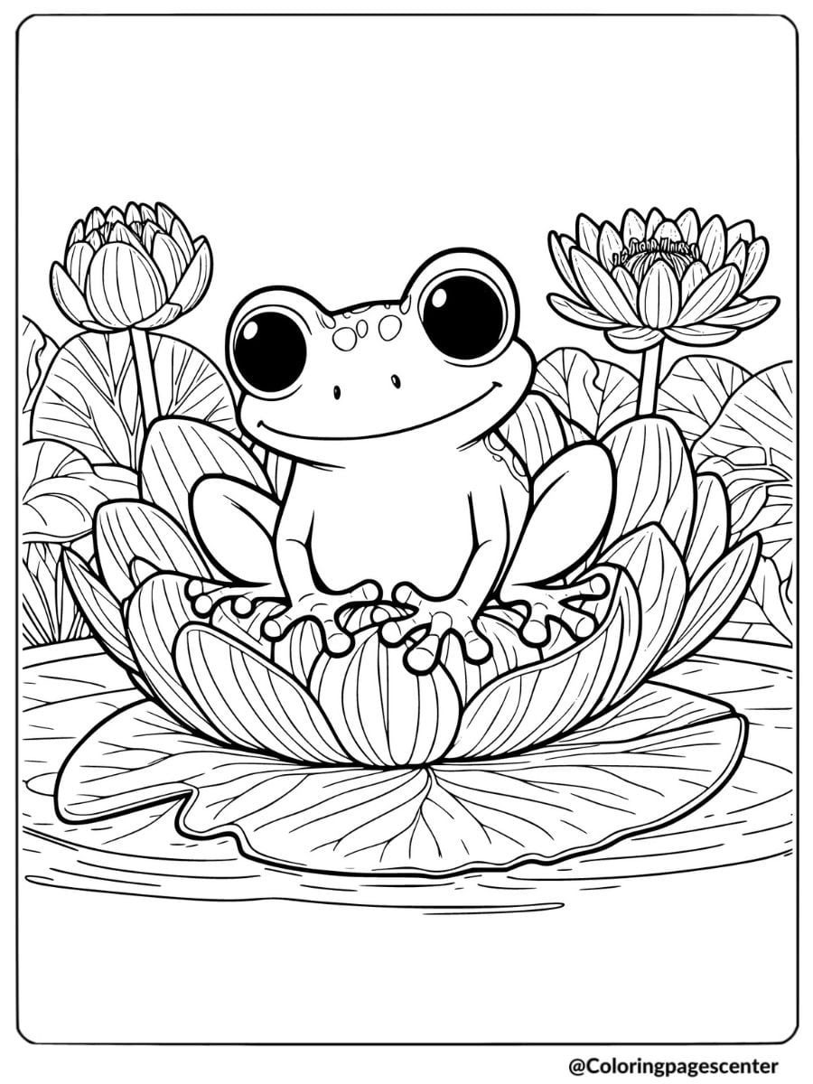 Cute frog on lily pad surrounded by flowers coloring page