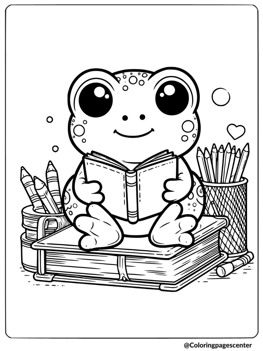 Kawaii frog sitting on books with pencils coloring page