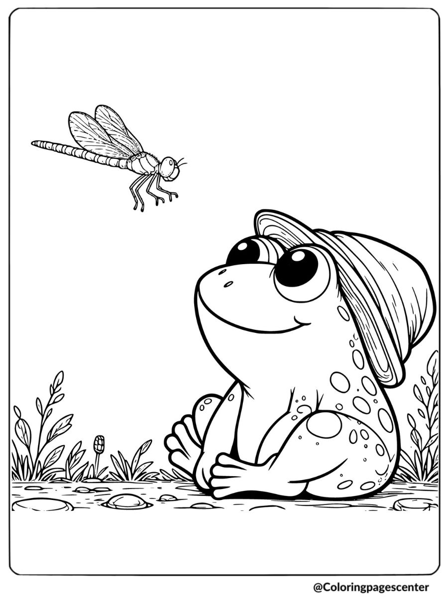 Cute frog with a hat watching dragonfly coloring page