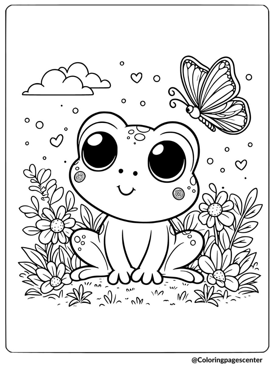 Cute frog with butterfly and flowers coloring page