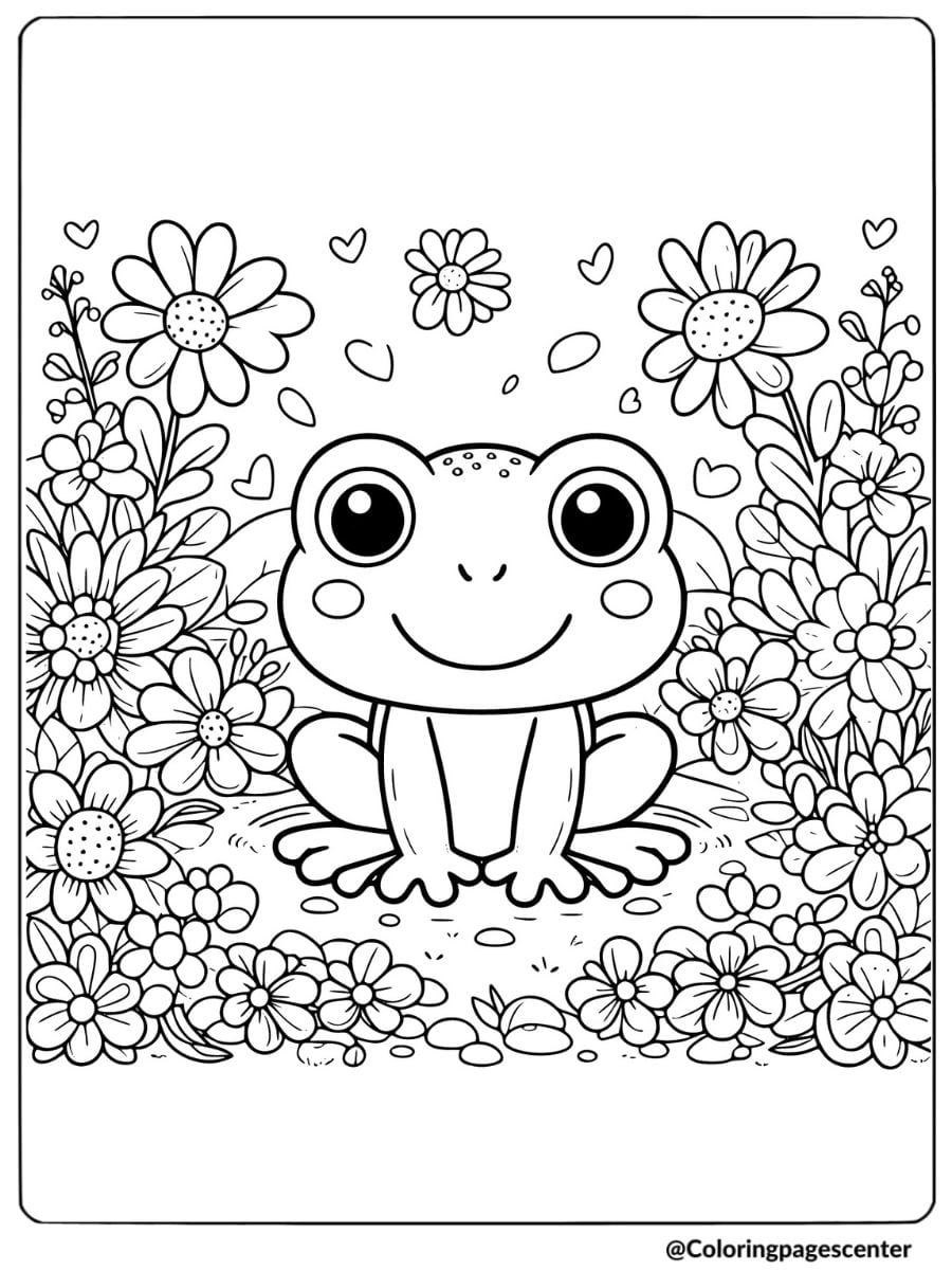 Cute frog surrounded by flowers coloring page