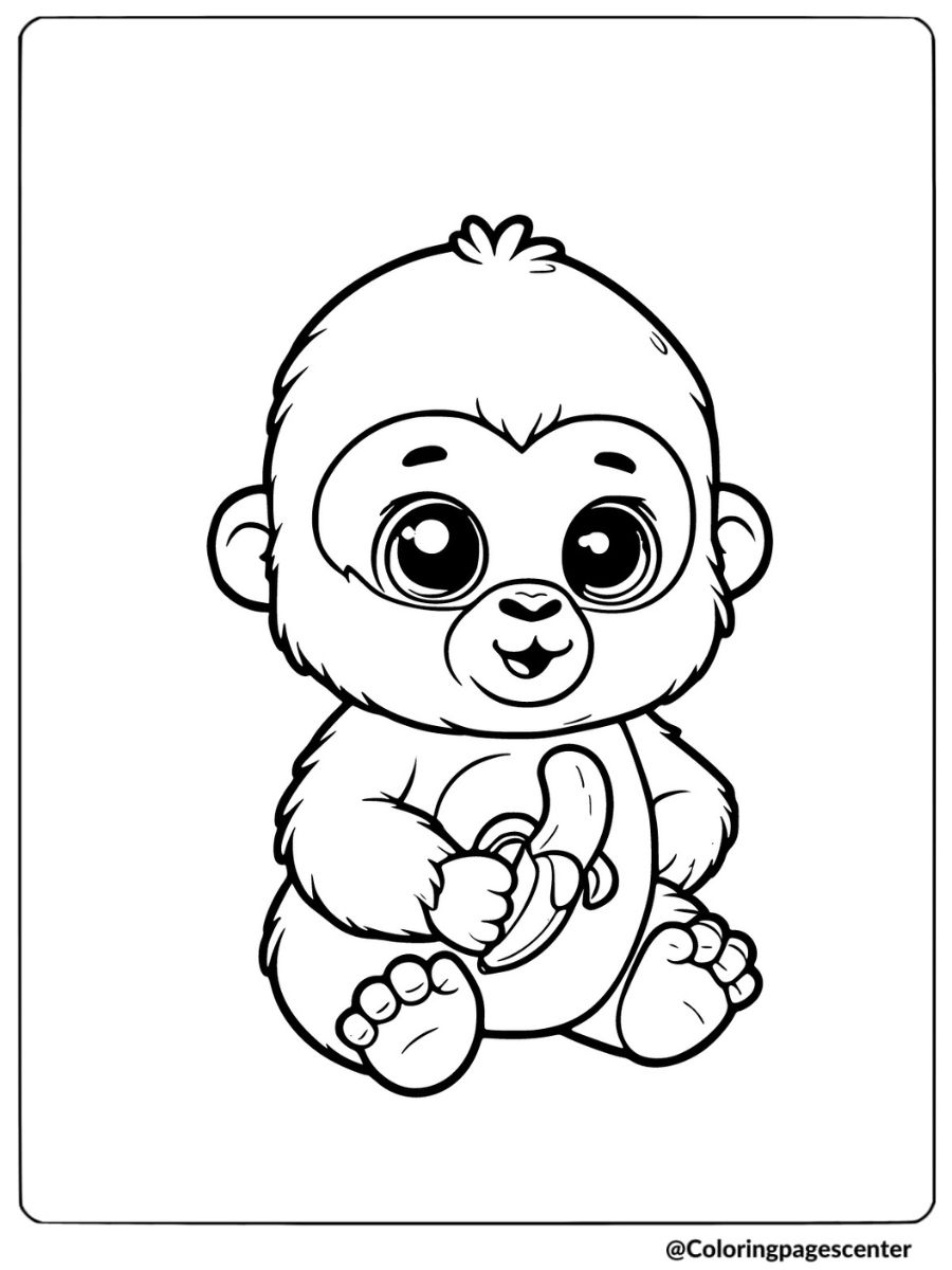 Cute baby gorilla holding banana coloring page