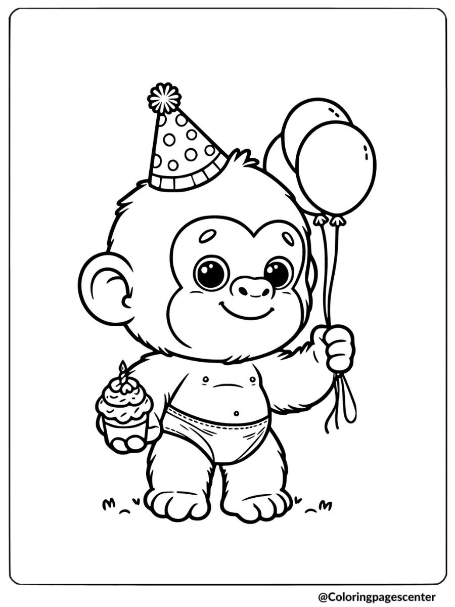 Cute baby gorilla with cupcake coloring page