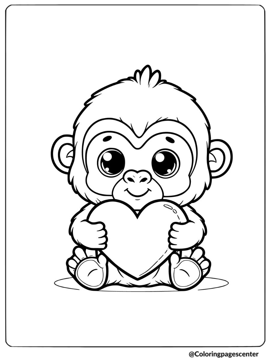 Baby gorilla with big heart coloring page