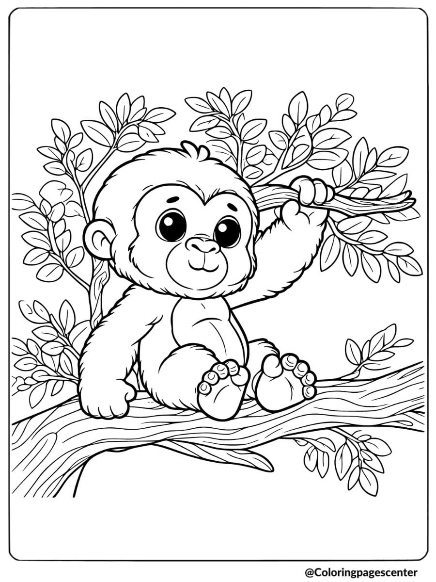 Cute gorilla sitting on branch coloring page