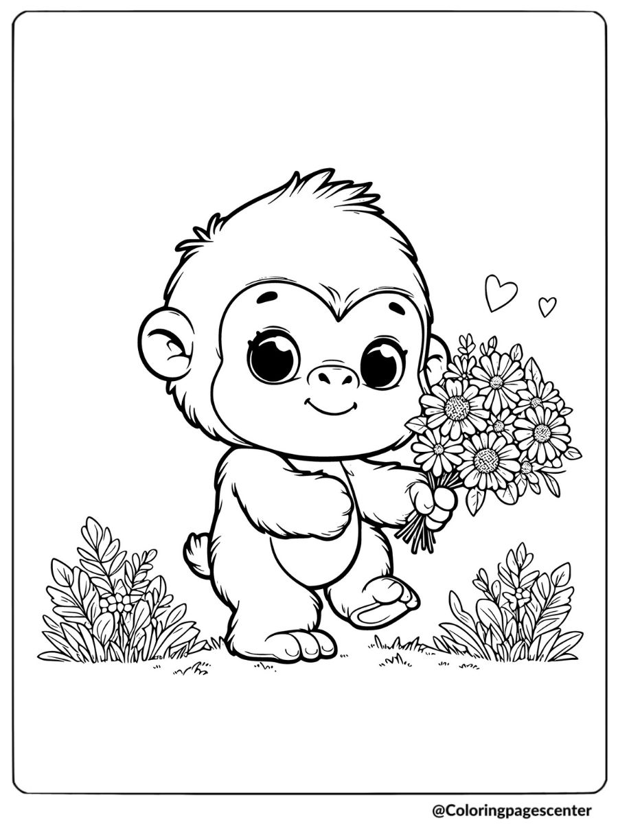 Baby gorilla holding flowers coloring page