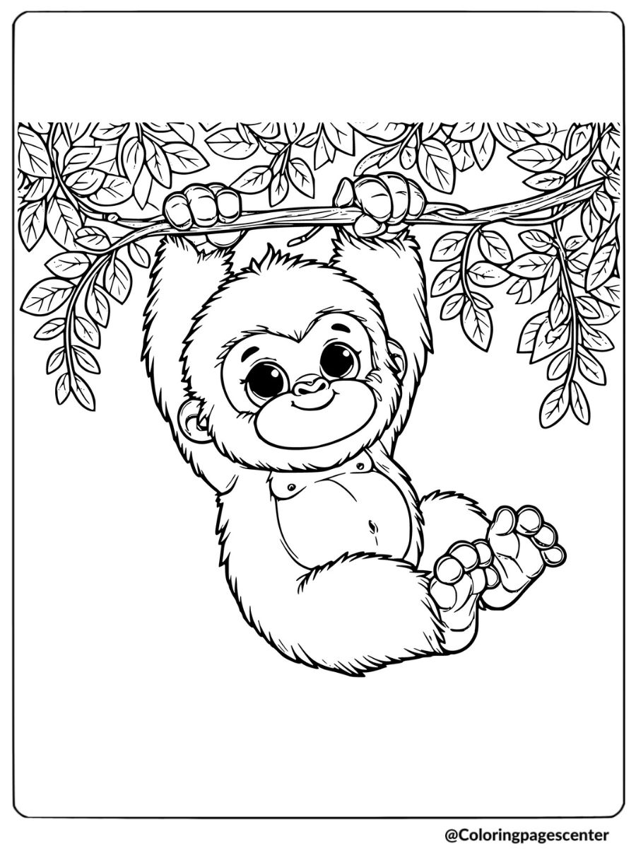 Cute baby gorilla hanging from branch coloring page