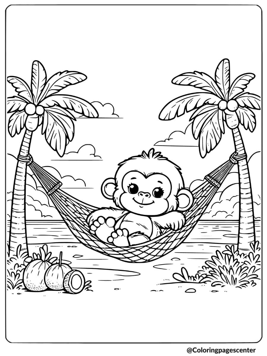 Cute gorilla in hammock by beach coloring page