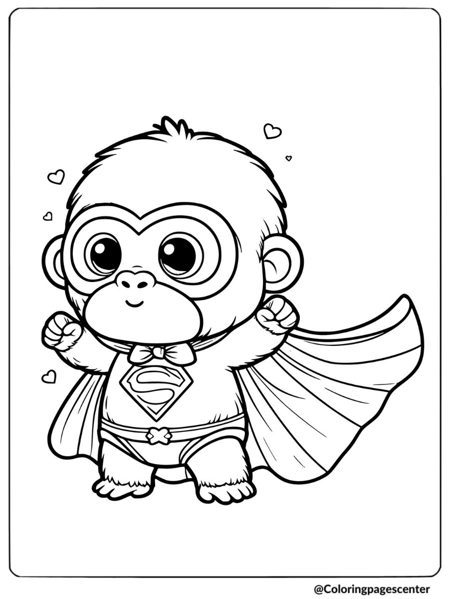 Baby gorilla dressed as superhero coloring page