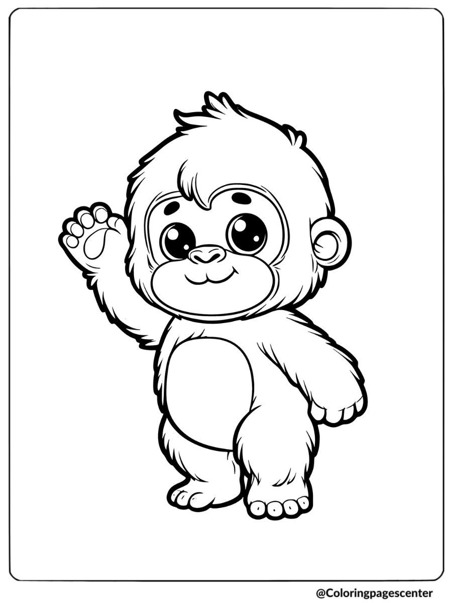 Cute baby gorilla waving hello coloring page