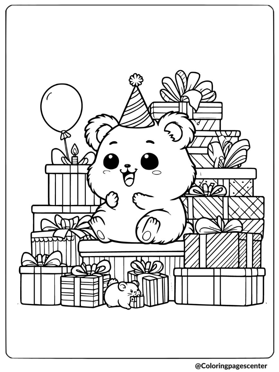 Cute hamster with birthday gifts coloring page