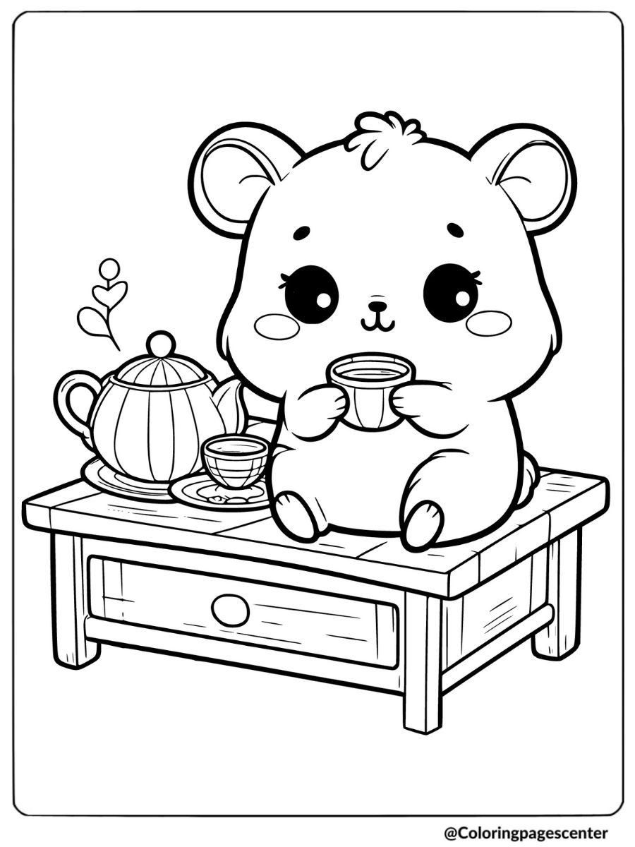 Kawaii hamster having tea coloring page