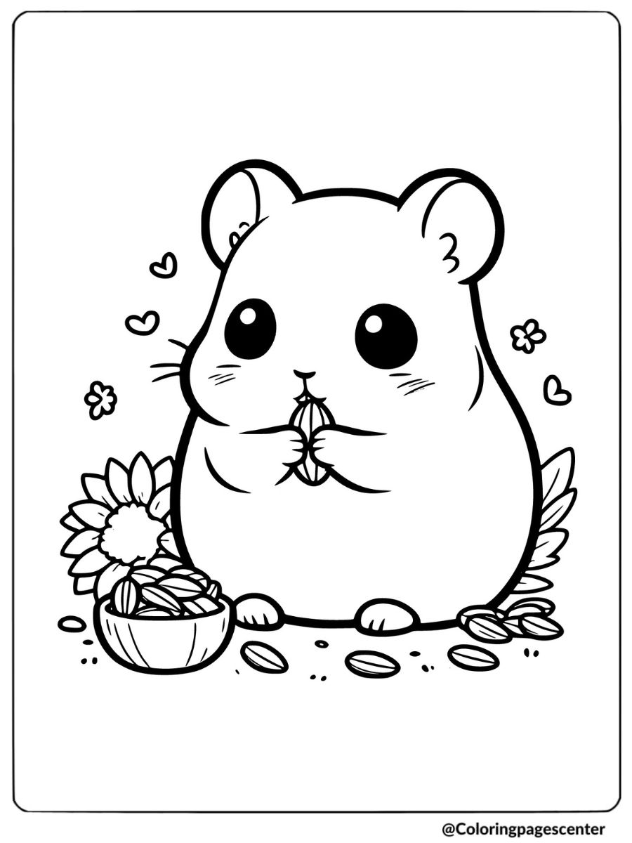 Kawaii hamster eating seeds coloring page