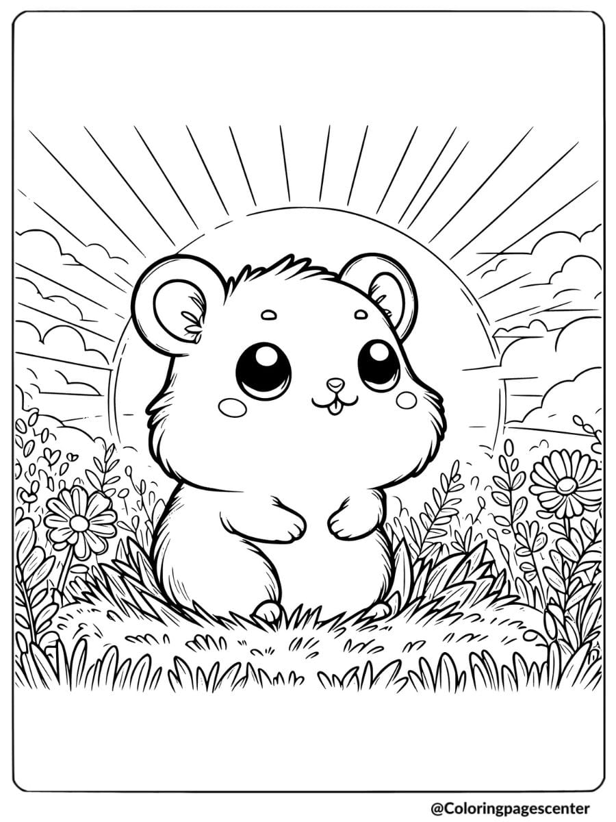 Cute hamster in front of sunrise coloring page