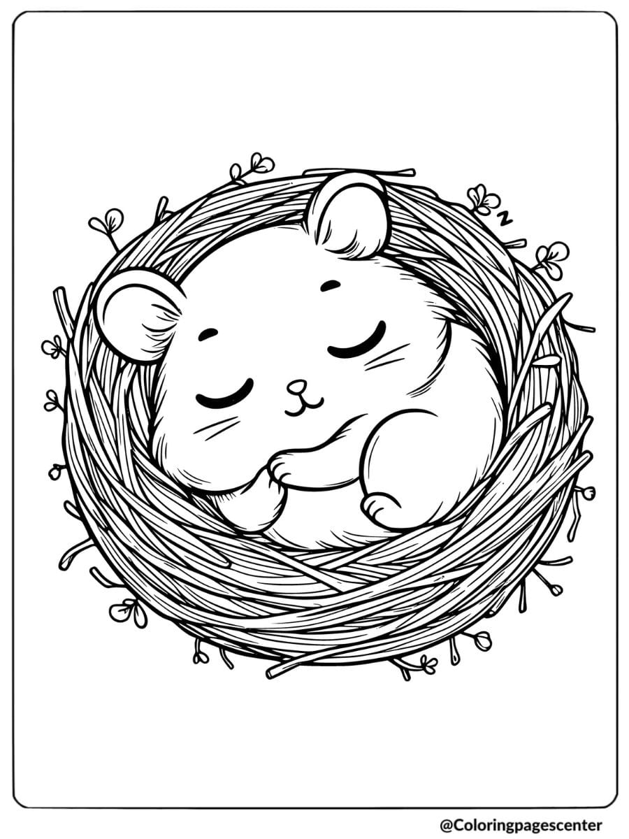 Cute hamster napping in nest coloring page