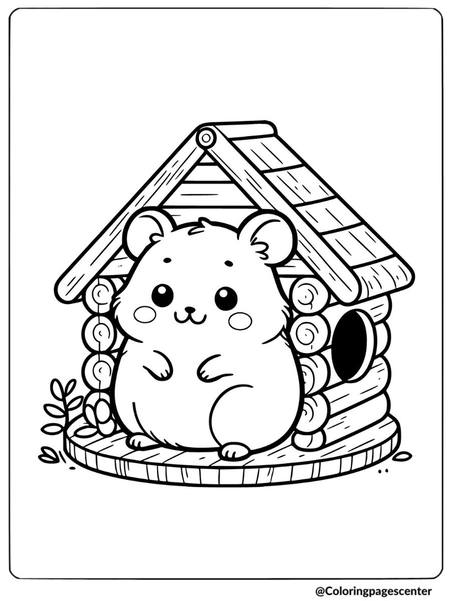 Cute hamster in log house coloring page