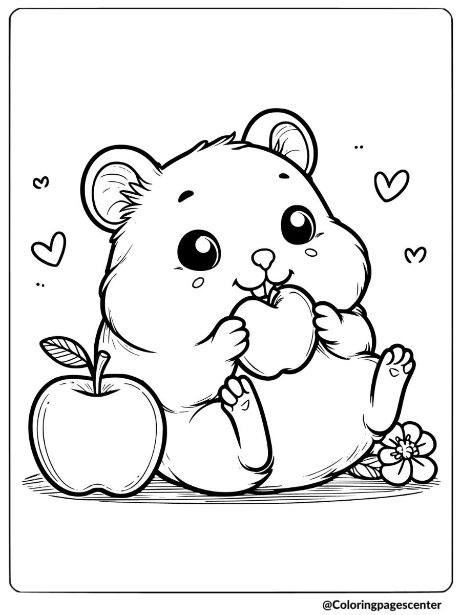 Kawaii hamster eating apple coloring page