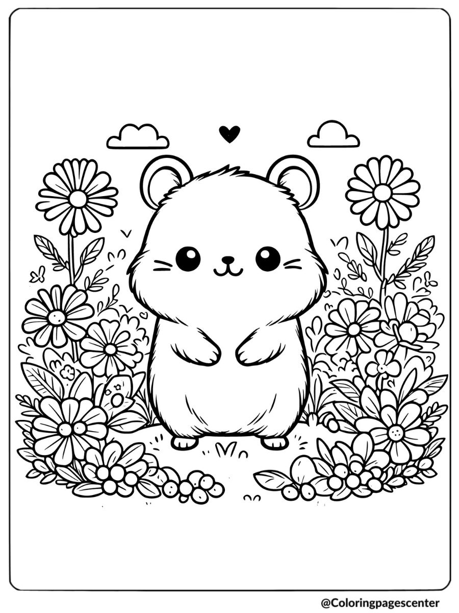 Kawaii hamster and flowers coloring page